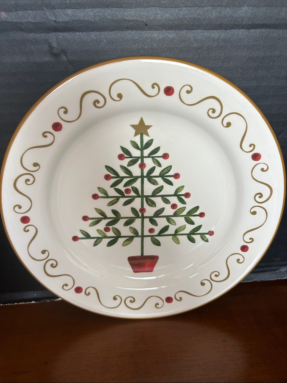 PIER 1 IMPORTS Holiday Tree Ceramic Dinner Plate in White, Green & Red